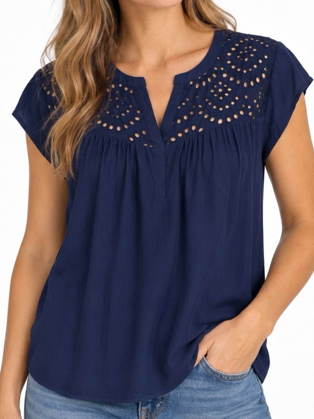 Daniel Rainn Stitch Fix Kiara Navy Eyelet Embroidered Blouse Top XL